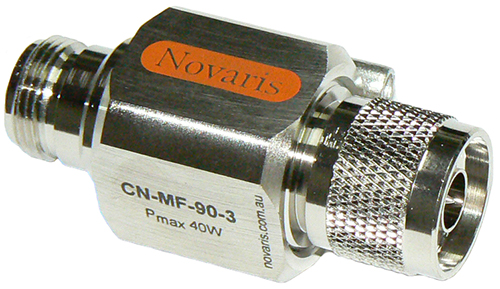 Novaris coaxial surge protector, gas tube type, N-type male to N-type female bulkhead, 0-40 Watt P/R, up to 3GHz